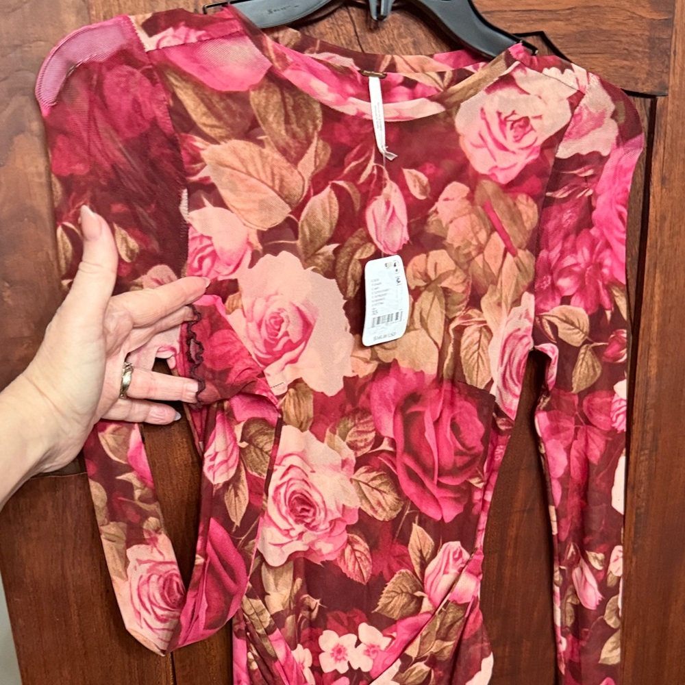 Free People Pink and Red Floral Long Sleeve Dress